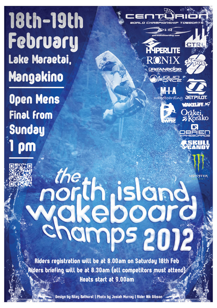 blue poster with wakeboarding and 3d text and lots of logos